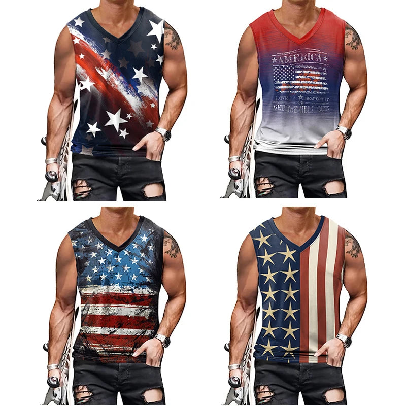 Independence Day Men's 3D Digital Custom T shirt Printed V-Neck Cheap Fitness Top Men